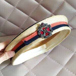 Women's Vintage Pillbox Hat tan tweed metal emblem orange & navy blue ribbon